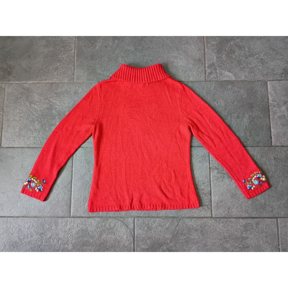 Coldwater Creek Vintage Red Knit Turtleneck Sweater Floral Embroidered Heart - Picture 3 of 7